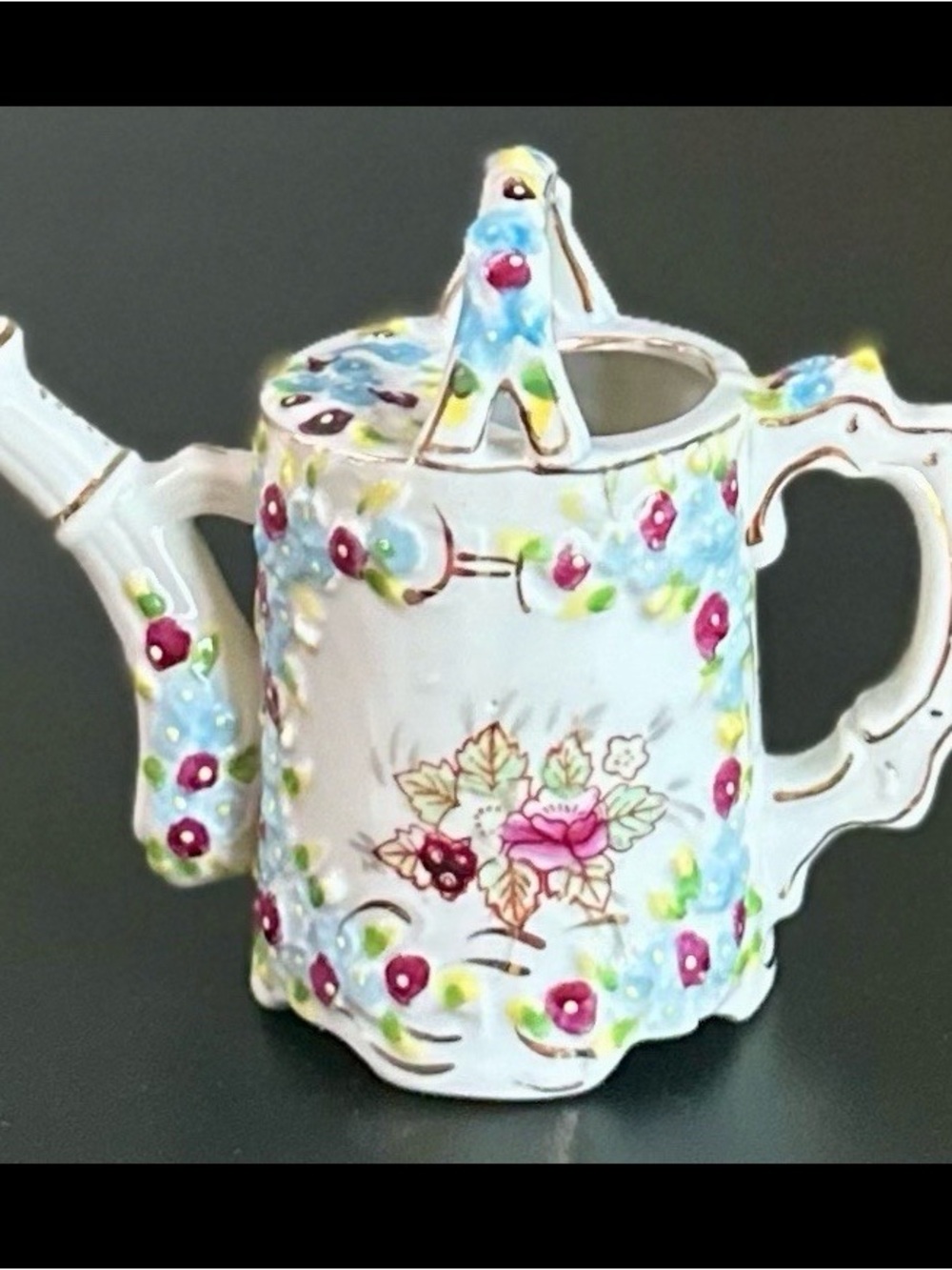 Hand-Painted Floral Porcelain Teapot - White with Pink & Blue Accents